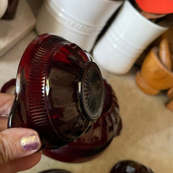 Vtg Coronation-Royal Ruby Handled Salad 7 PC Set Anchor Hocking Depression Glass - Picture 9 of 11